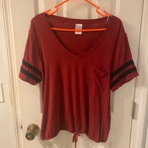 Red V-Neck Short Sleeve T-shirt w/ Black Striped sleeves Drawstring @ waist  XXL